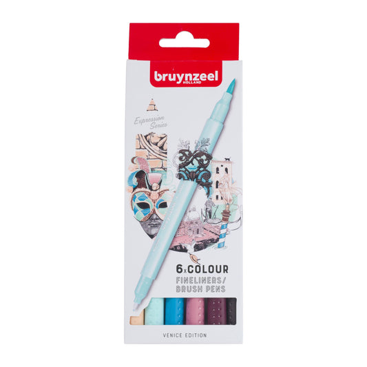 Venice dual tip Fineliner / brush pens 6 pack Bruynzeel - Paper Dream
