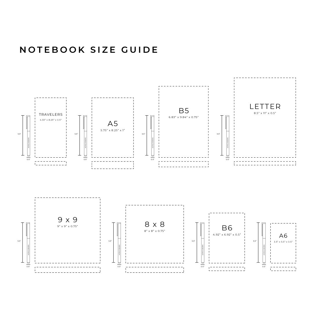 Archer and olive notebook size guide - paper dream