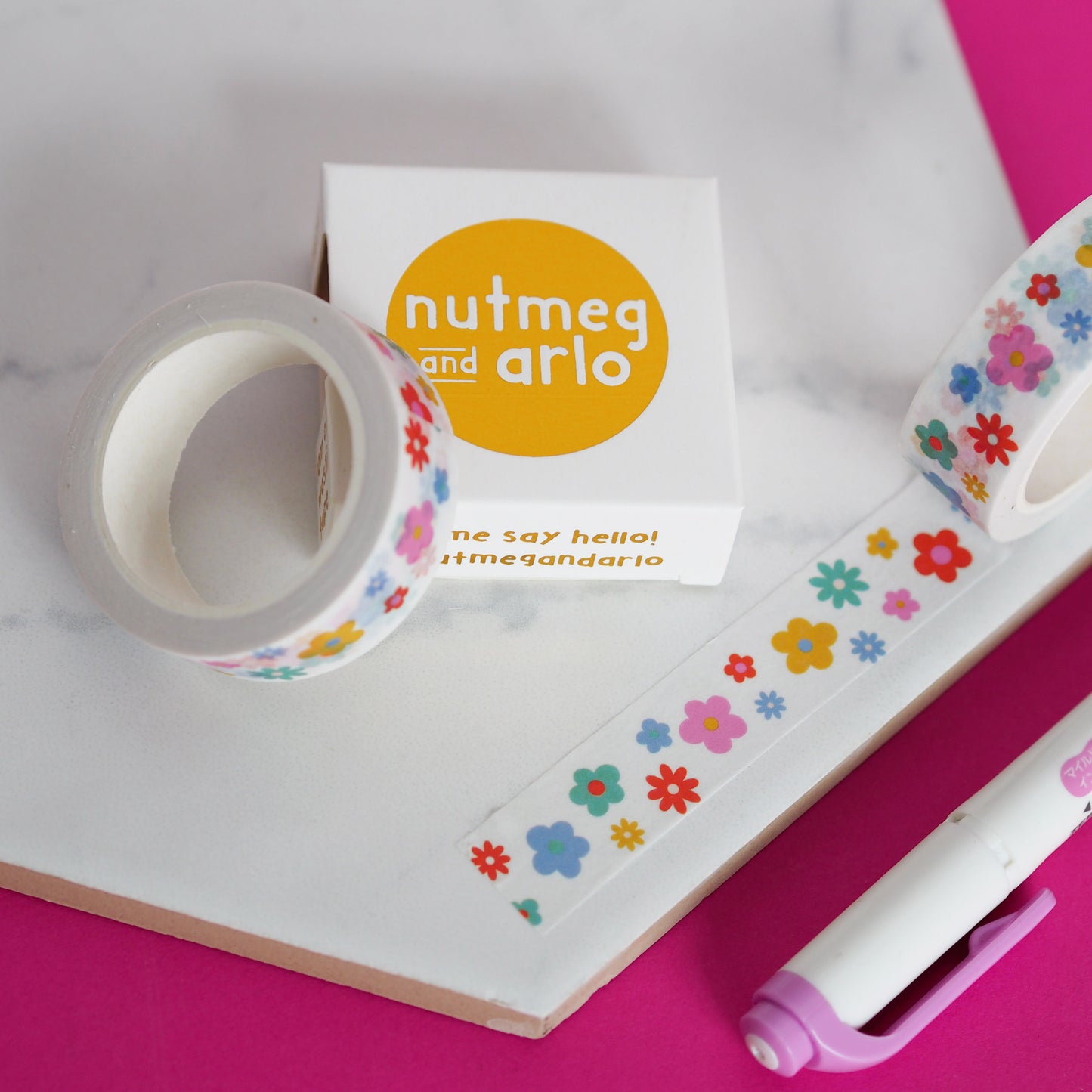 Nutmeg and Arlo Bright Florals Washi Tape 15mm x 10m flatlay - Paper Dream